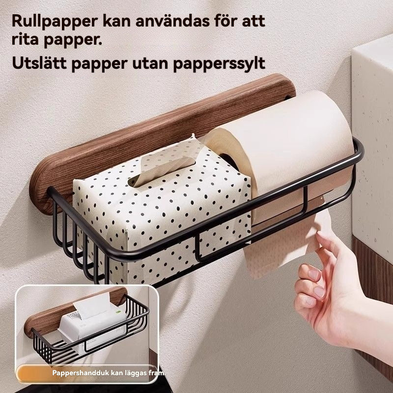 Vägghängd Toalettpappershållare & Badrumshylla i Äkta Trä